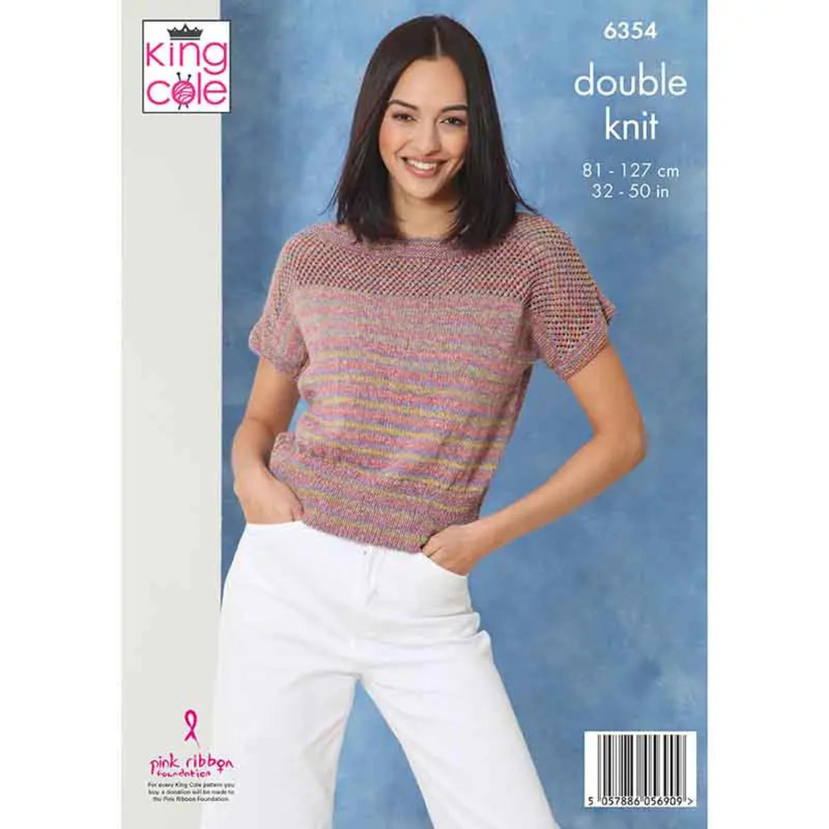 Knitting pattern with a model wearing a double knit, short sleeve top and white trousers. The text reads King Cole, 6354, double knit, 81-127 cm, 32-50 in.