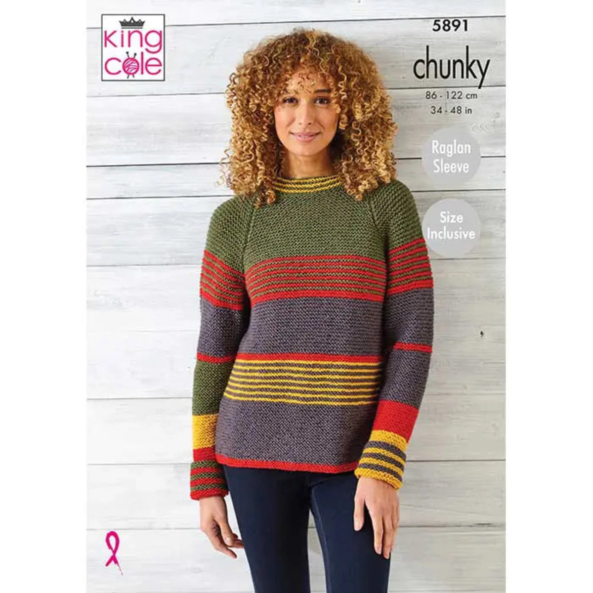 King Cole knitting patter 5891 featuring a woman wearing a colorful striped sweater against a wooden background. The sweater has raglan sleeves and is size inclusive.