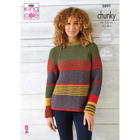 King Cole knitting patter 5891 featuring a woman wearing a colorful striped sweater against a wooden background. The sweater has raglan sleeves and is size inclusive.