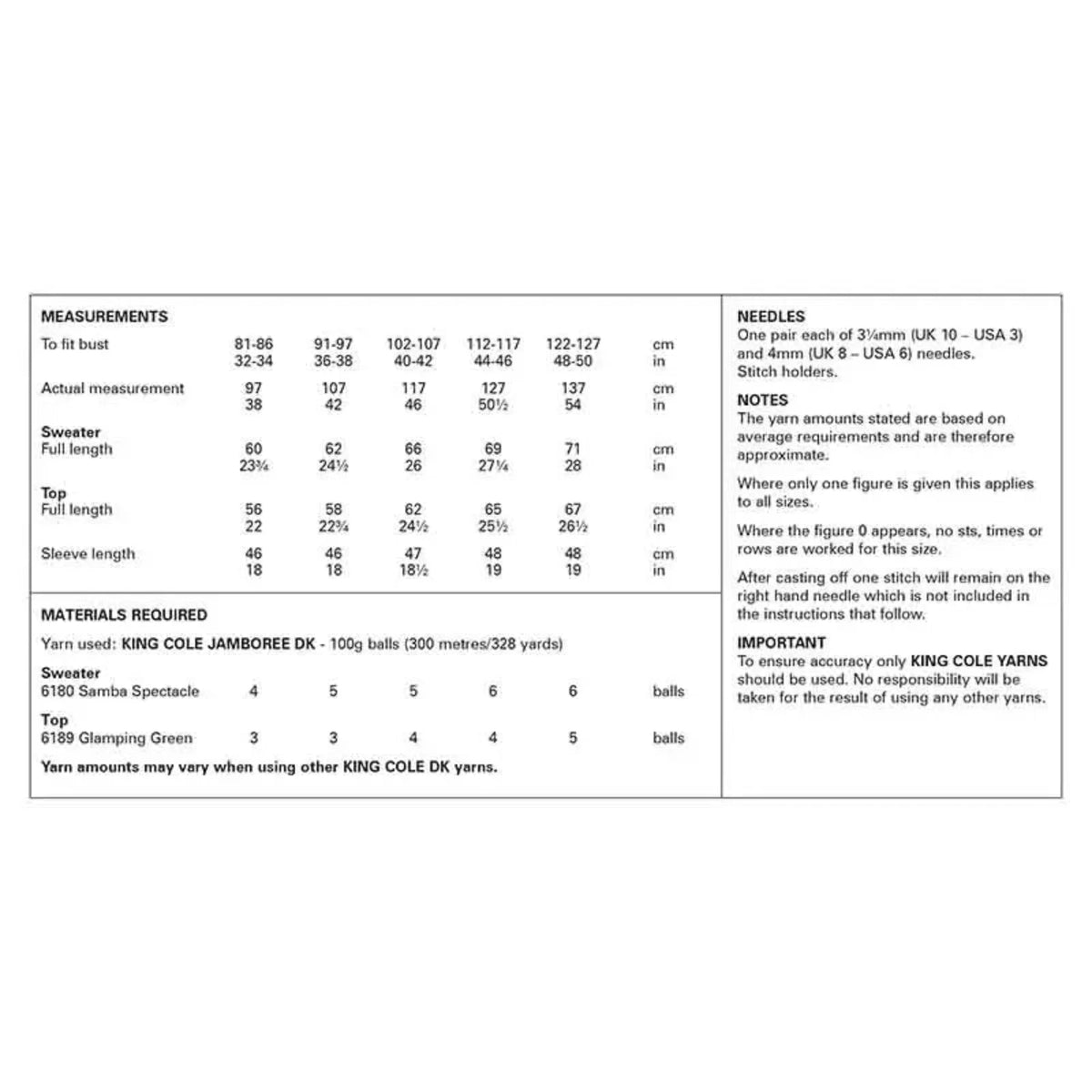 Measurements, needle sizes, and yarn requirements for King Cole pattern 6351.
