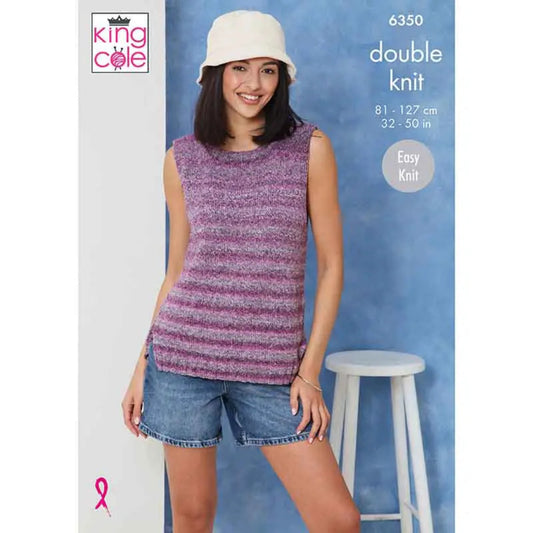 Woman wearing a double knit sleeveless, round neck top, knitted in King Cole Jamboree. The pattern is 6350 and is easy knit.