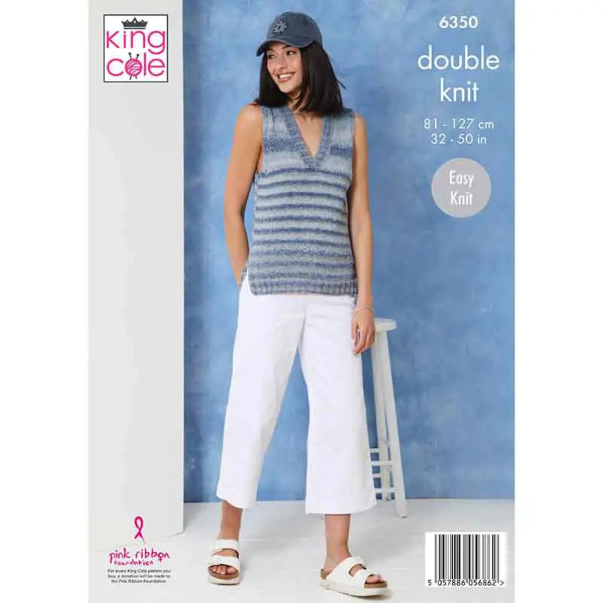King Cole knitting pattern for 6350 double knit, featuring a model wearing a v-neck blue and grey striped sleeveless knit vest with white cropped pants against a blue studio backdrop. The top is knit in Jamboree dk yarn.