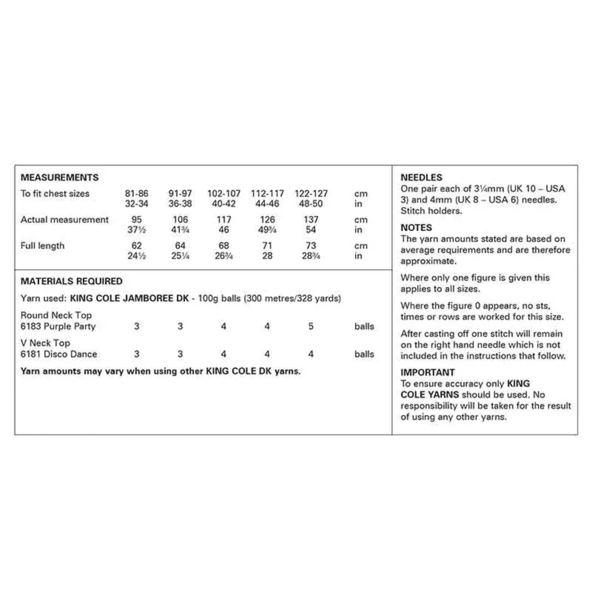 Yarn measurement chart for King Cole pattern 6350 with measurements, needles, and yarn usage details.