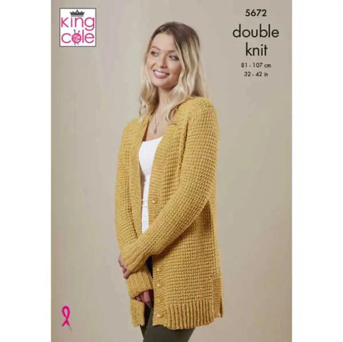 King Cole knitting pattern 5672 featuring a model wearing a yellow double knit cardigan, against a beige background.