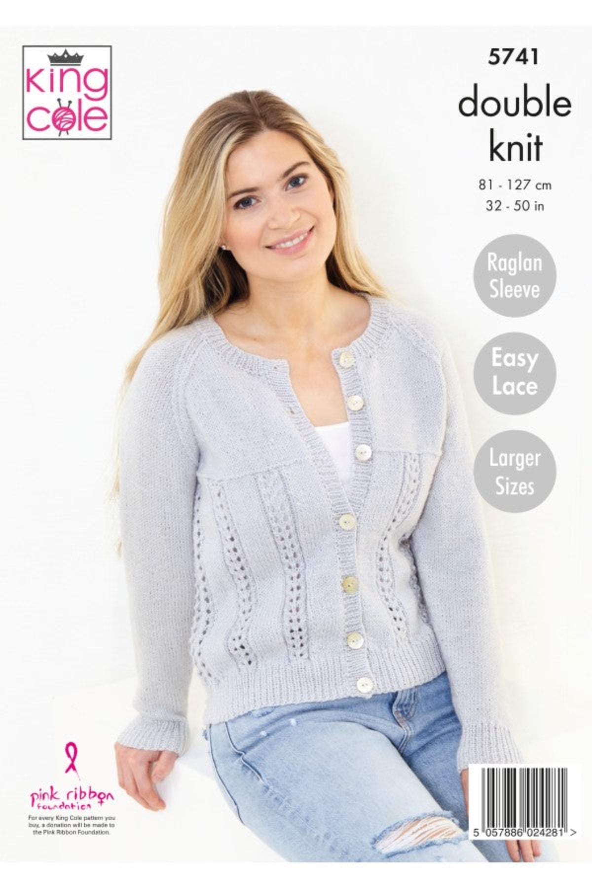 A woman wearing a light grey double knit cardigan sweater with buttons, shown on a white background. Test reads King Cole, 5741, double knit, 81-127 cm, 32-50 in, Raglan Sleeve, Easy Lace, Larger Sizes.