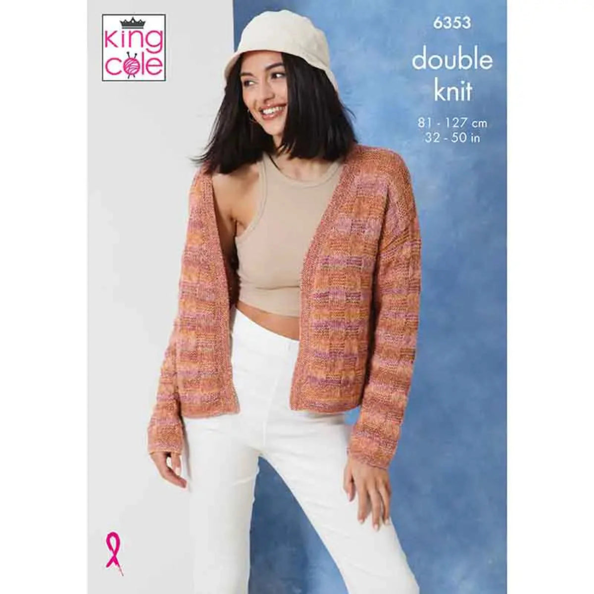 A woman wearing a cream bucket hat, a beige crop top, and white pants models a pink and orange striped double knit cardigan. The image is a knitting pattern cover from King Cole, showing the pattern number 6353.