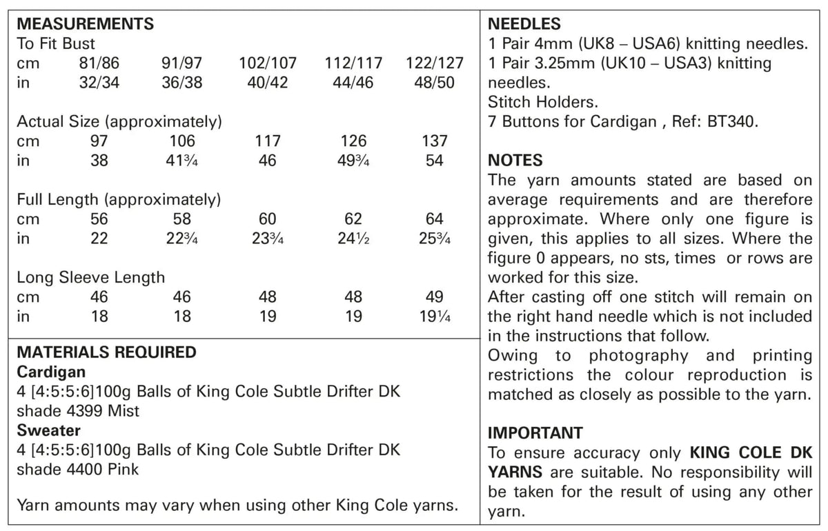 Measurement chart for King Cole knitting pattern 5741 with yarn and needle requirements.