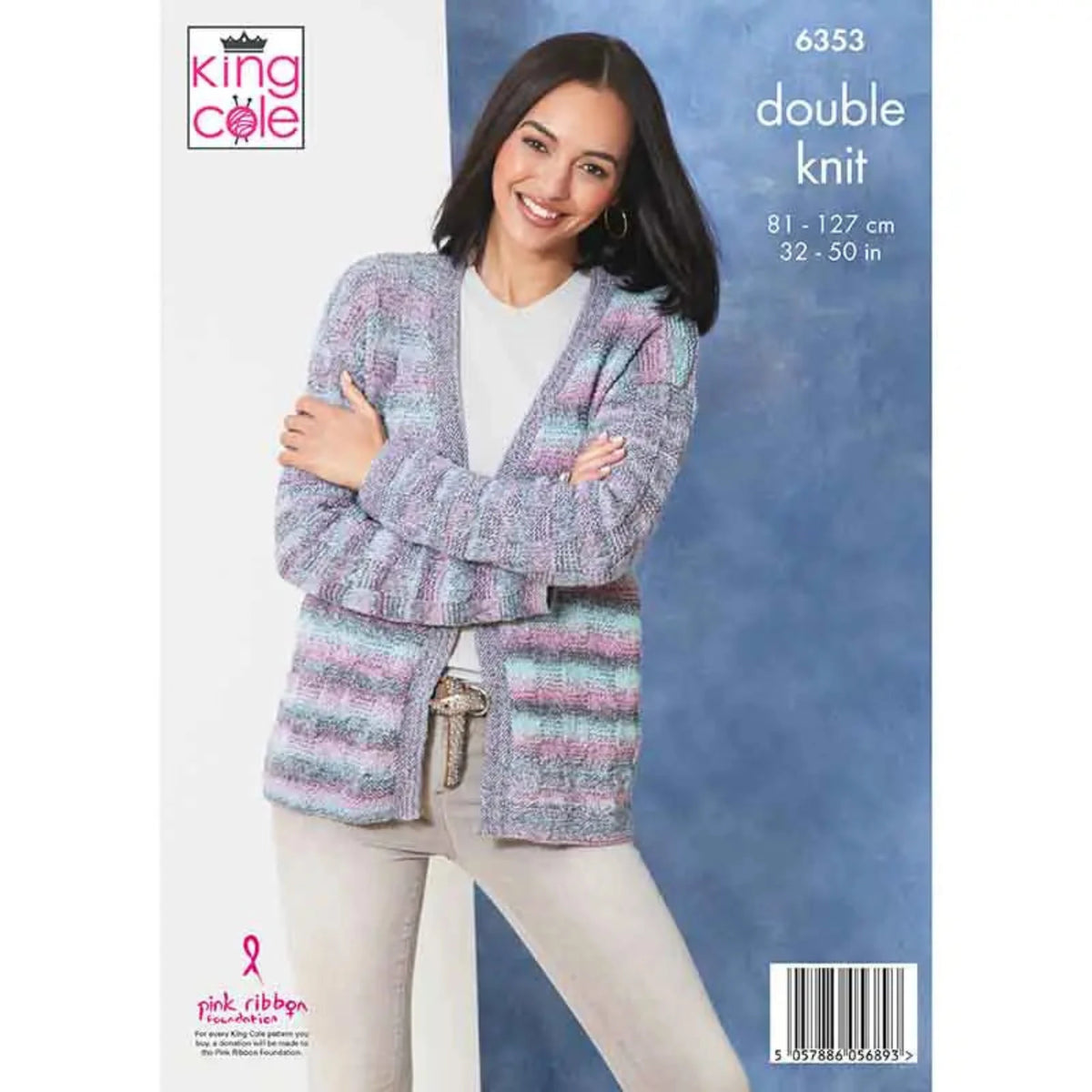 A King Cole knitting pattern featuring a woman wearing a purple and blue knitted cardigan, white tee shirt and beige trousers. The text reads 6353, double knit, 81-127 cm, 32-50 in.