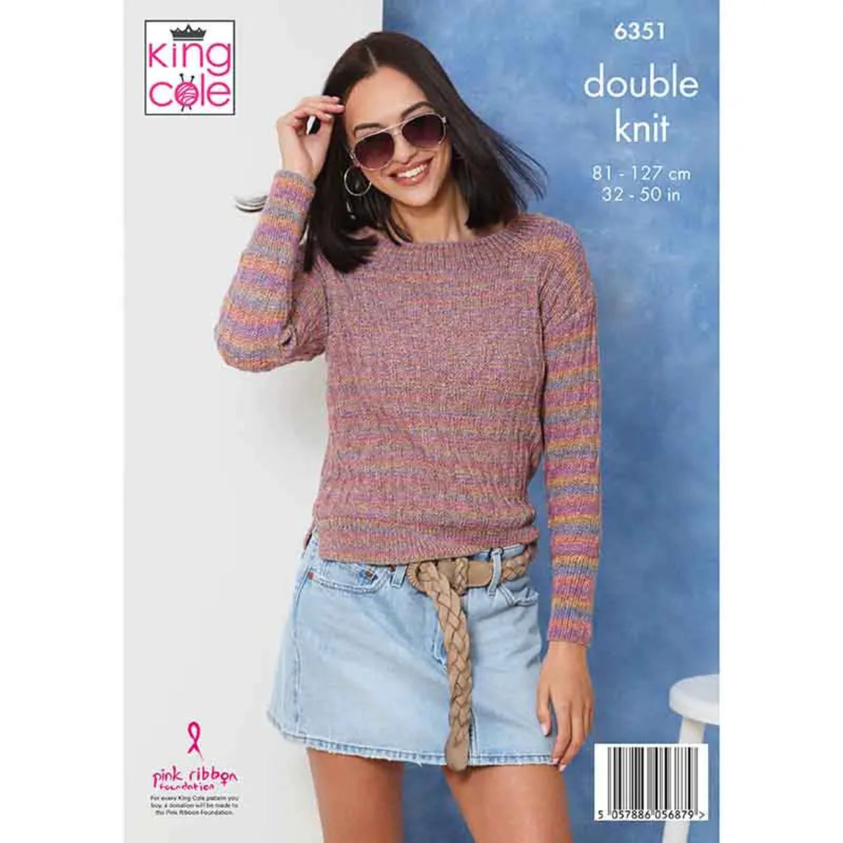 Woman wearing a striped knitted sweater and denim skirt. The sweater is knitted in King Cole Jamboree dk yarn. The text reads King Cole, 6351, double knit, 81-127 cm, 32-50 in.