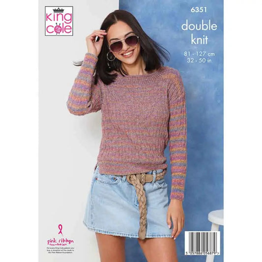 Woman wearing a striped knitted sweater and denim skirt. The sweater is knitted in King Cole Jamboree dk yarn. The text reads King Cole, 6351, double knit, 81-127 cm, 32-50 in.