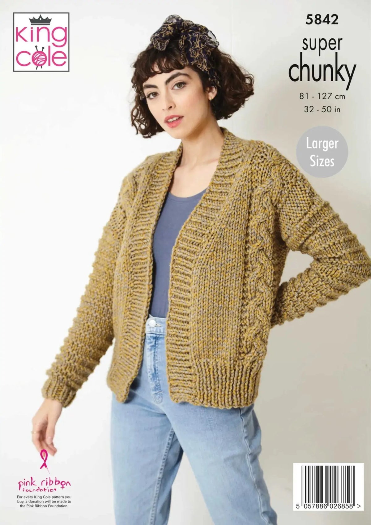 A King Cole knitting pattern featuring a woman wearing a knitted edge-to-edge jacket in super chunky and jeans. The text reads King Cole 5842 Super Chunky 81-127 cm, 32-50 in, Larger sizes.