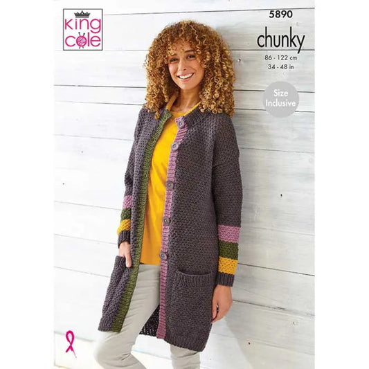Woman wearing a long, colorful knitted cardigan on the front of a King Cole knitting pattern. The text reads 5890, chunky, 86-122 cm, 34-49 in, size inclusive.