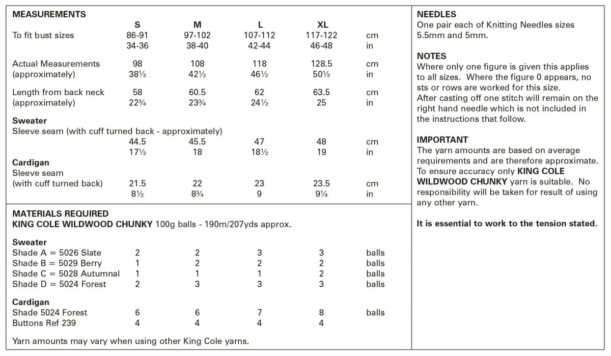 A sizing and materials reference chart for King Cole Chunky Pattern 5891. The chart includes measurement tables for bust size, length, and cardigan/sweater length in centimeters and inches, along with yarn amounts and needle size recommendations.