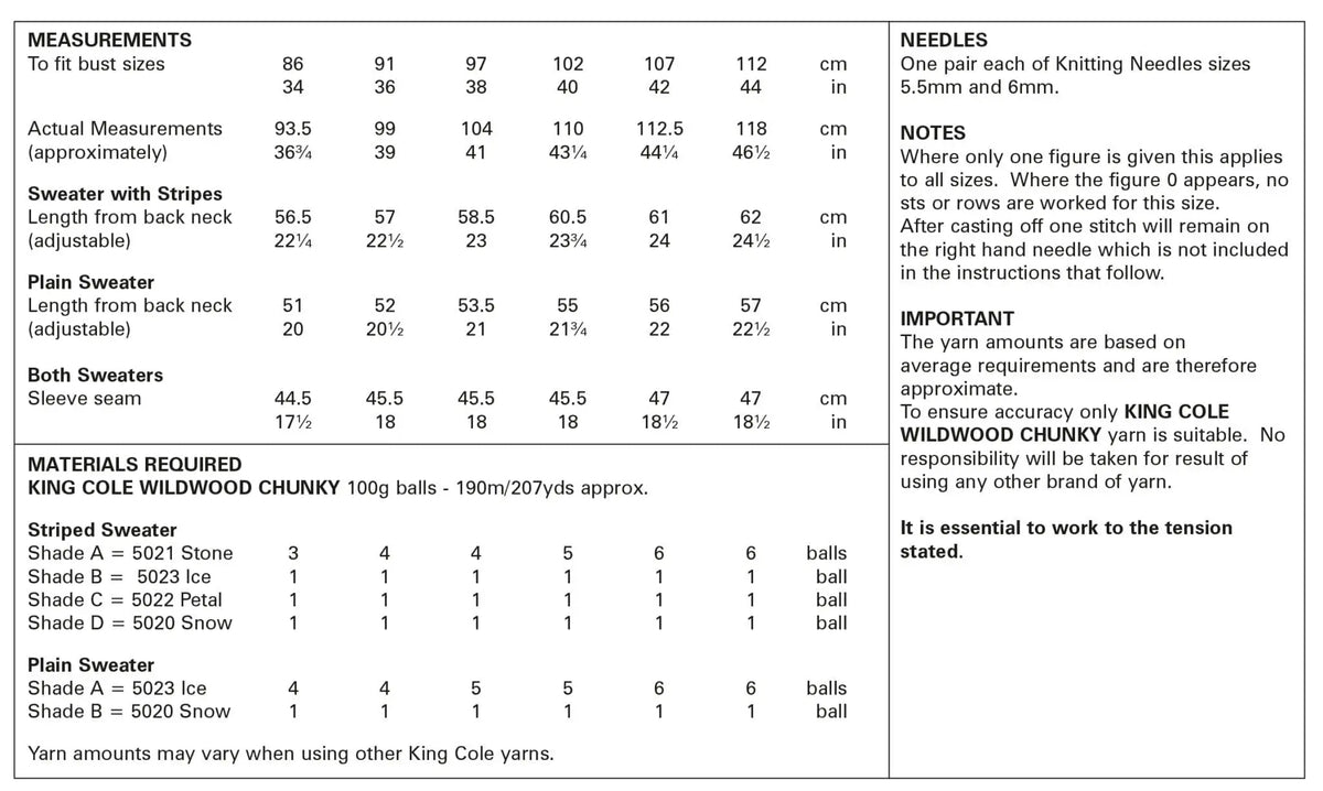 A sizing and materials reference chart for King Cole Chunky Pattern 5892, showing measurements for bust sizes, sleeve measurements, striped and plain sweaters, and a materials list with shade codes and yarn amounts.