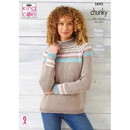 King Cole pattern 5892 featuring a model wearing a sweater in beige with pink, cream and blue stripes at the neckline. The pattern has a raglan sleeve and is size inclusive.