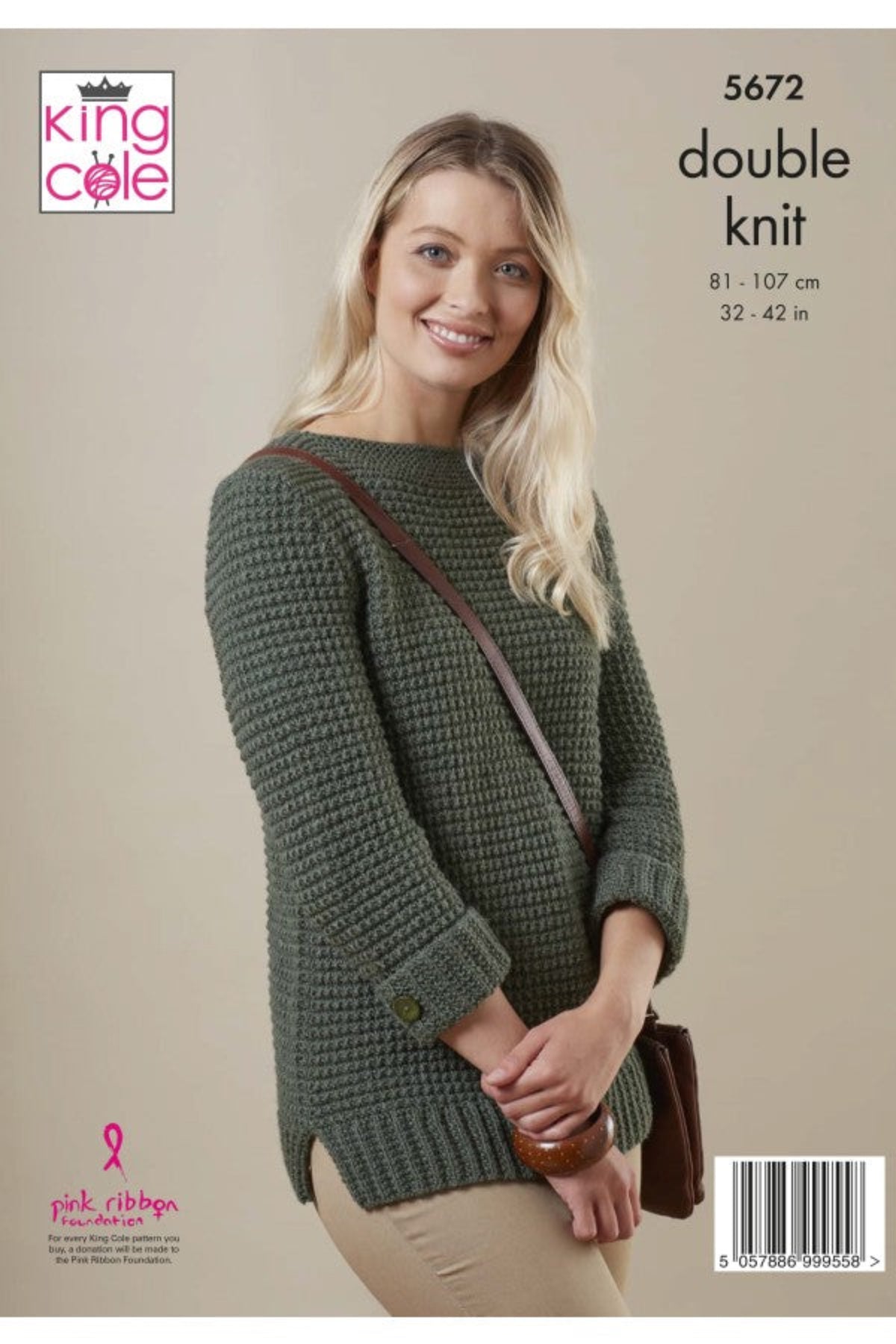 King Cole knitting pattern 5672, showing a model wearing a double knit sweater against a beige background.
