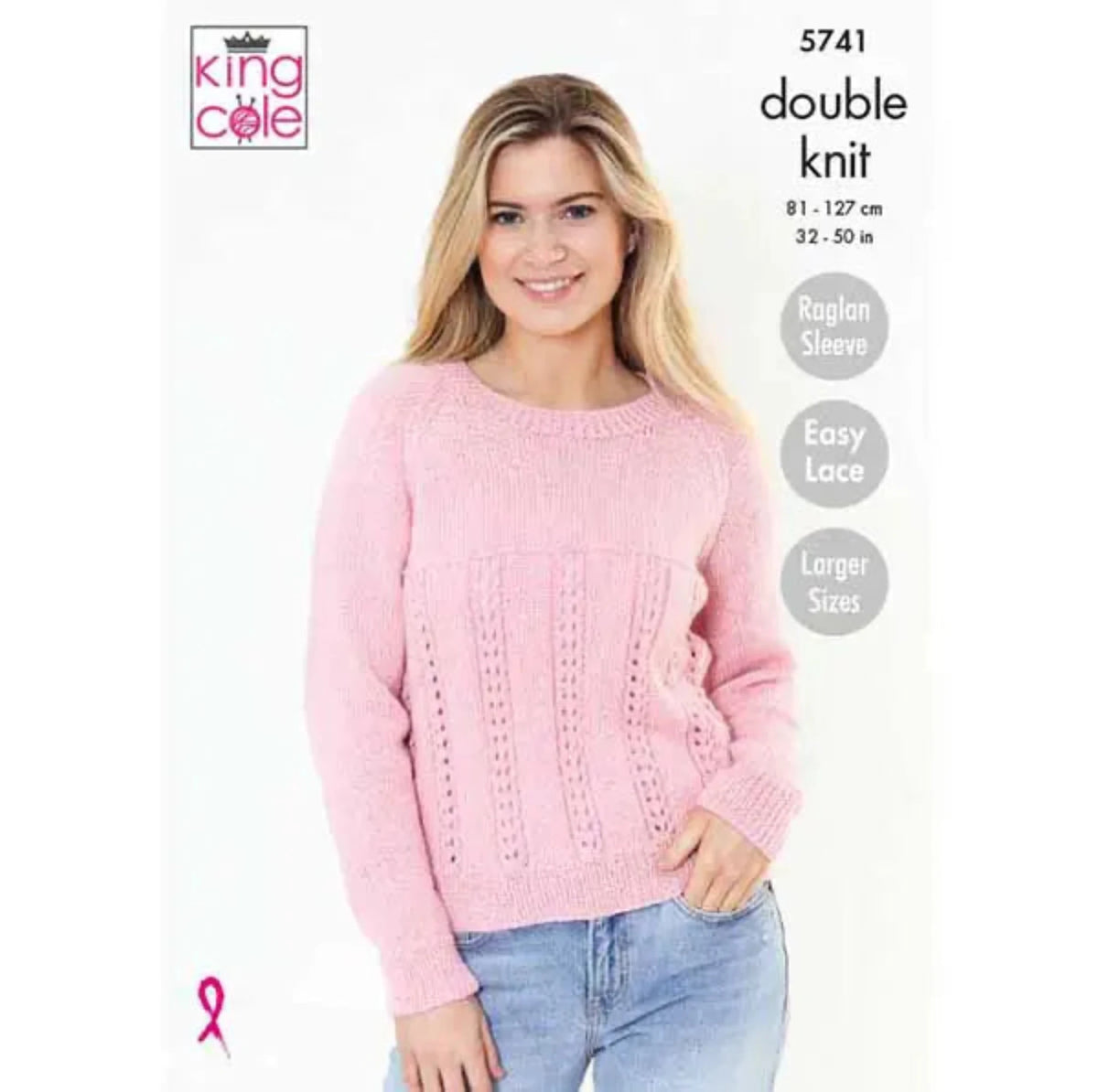 King Cole pattern 5741 featuring a woman wearing a pink knitted raglan sleeve, easy lace sweater and jeans. 