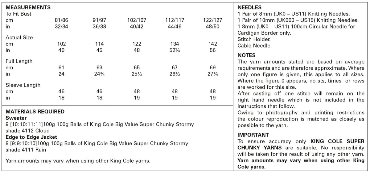 Measurement chart for King Cole chunky knitting pattern 5852.