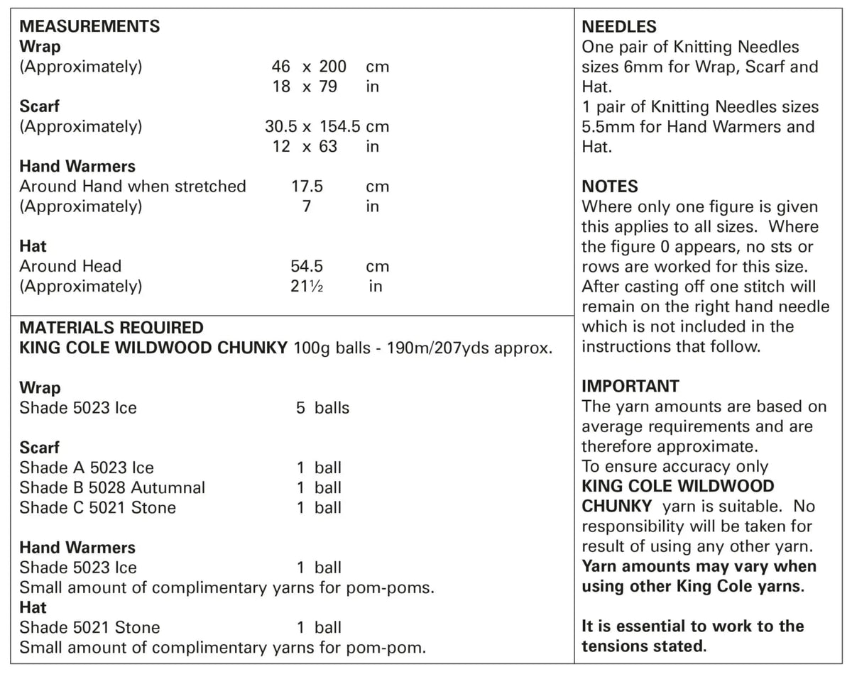A measurement chart for King Cole chunky pattern 5889, showing dimensions for the wrap, scarf, hand warmers, and hat, along with a materials list and needle sizes.