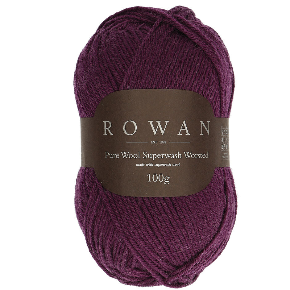 A ball of Rowan Pure Wool Superwash Worsted weight yarn, in shade Eggplant 198,  against a white background.