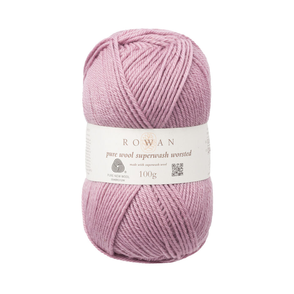 A ball of Rowan Pure Wool Superwash Worsted weight yarn, in shade Mauve Mist 191, against a white background.
