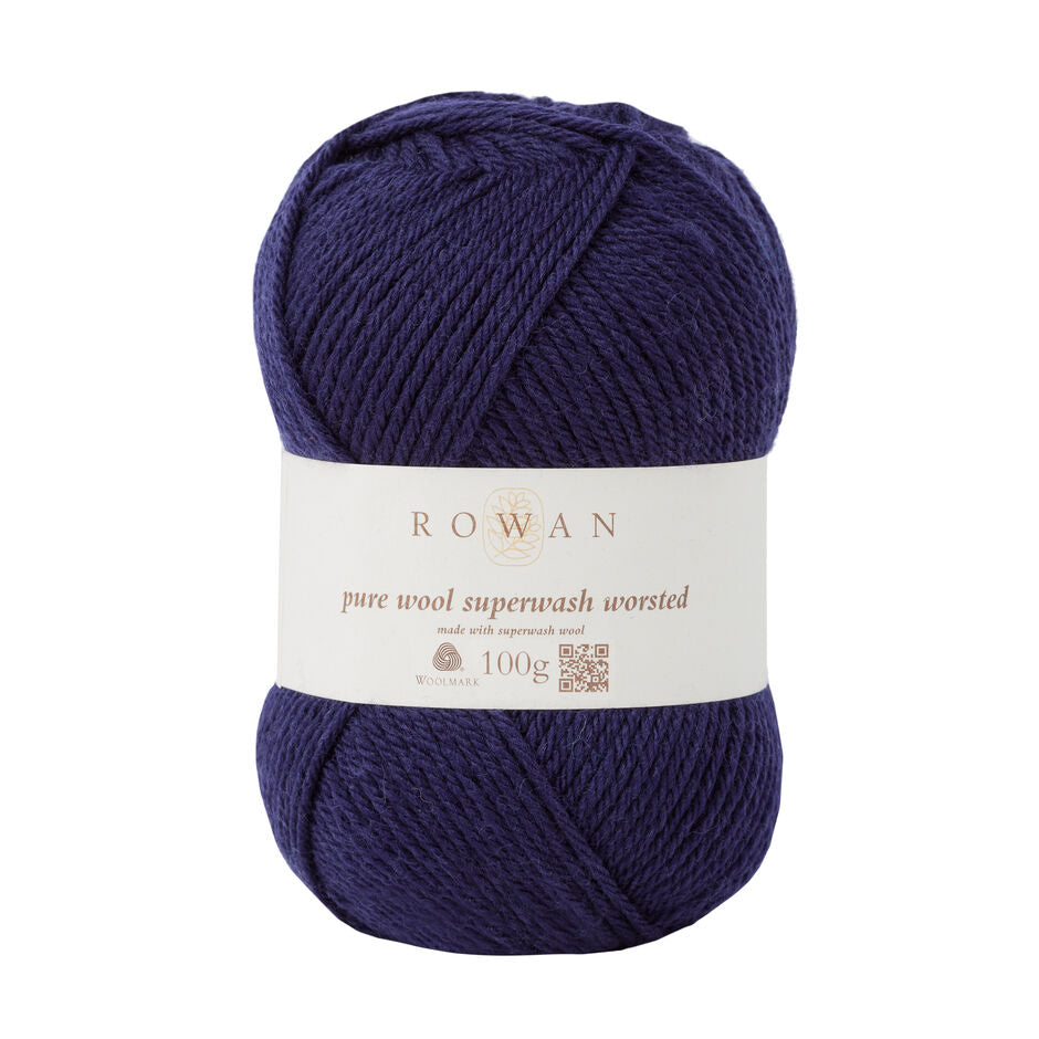 A ball of Rowan Pure Wool Superwash Worsted weight yarn, in shade Navy 149, against a white background.