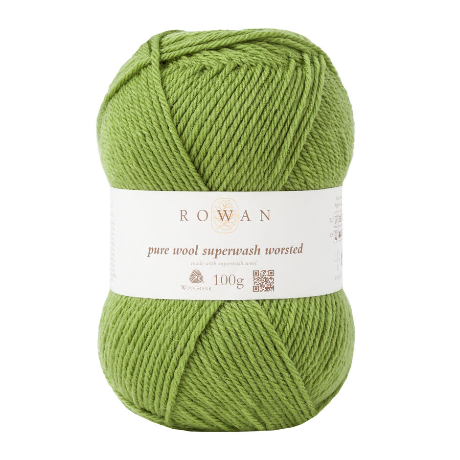 A ball of Rowan Pure Wool Superwash Worsted weight yarn, in shade Olive 125, against a white background.