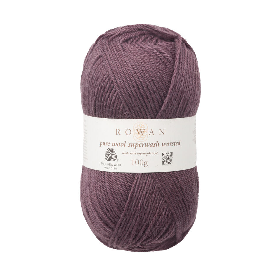 A ball of Rowan Pure Wool Superwash Worsted weight yarn, in shade Raisin 190, against a white background.