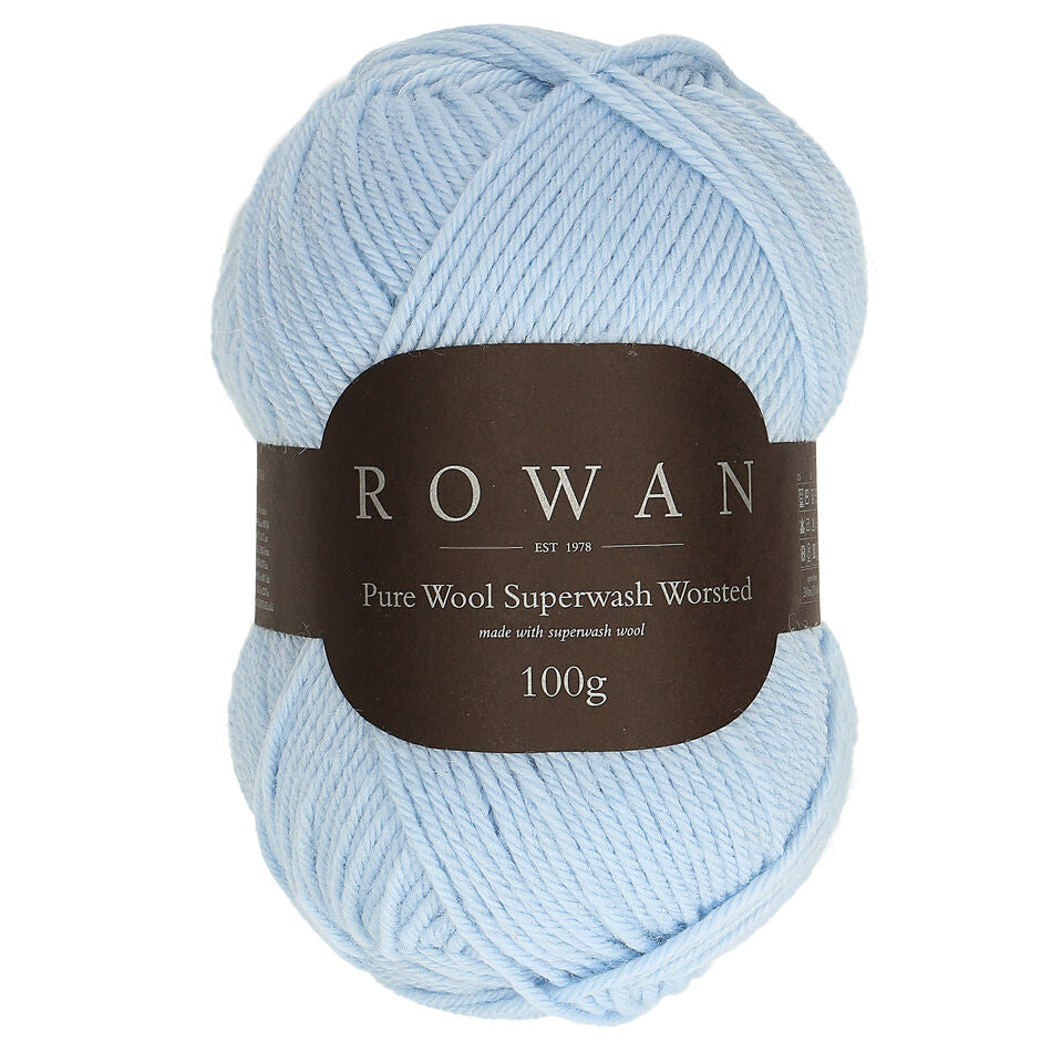 A ball of Rowan Pure Wool Superwash Worsted weight yarn, in shade Sky 194, against a white background.