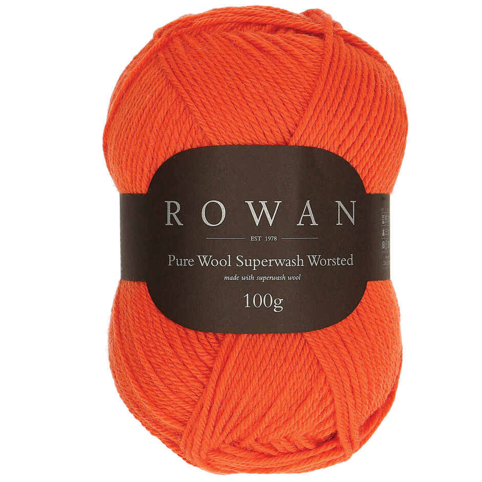 A ball of Rowan Pure Wool Superwash Worsted weight yarn, in shade Tiger 201, against a white background.