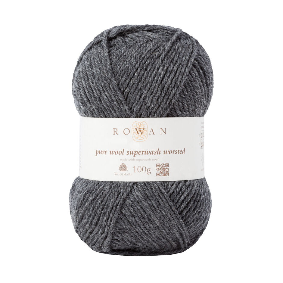 A ball of Rowan Pure Wool Superwash Worsted weight yarn, in shade Granite 111, against a white background.
