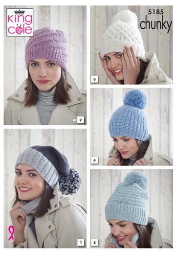 1. Ashy blue bobble hat with a light grey trim. 2.  A light plum undertones pink hat with diagonal stripes. 3. A light blue bobble hat with textured stripes. 4. A medium cool blue bobble, fisherman style hat. 5. A white honeycomb pattern hat with bobble.
