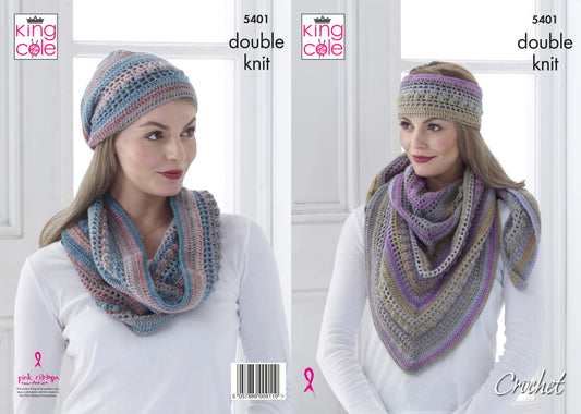 King Cole Riot DK Pattern 5401 - Shawl, Cowl, Hat and Headband