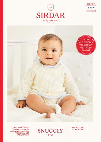 Baby sweater and shorts knitting pattern knitted in Sirdar Snuggly 3 ply yarn