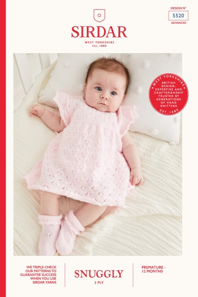 Baby dress and socks knitting pattern knitted in Sirdar Snuggly 3 ply yarn