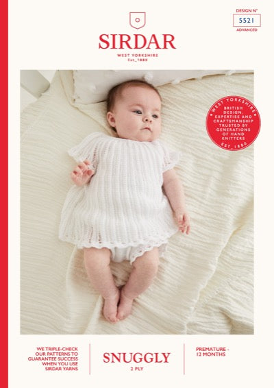 Baby dress and pants knitting pattern knitted in Sirdar Snuggly 2 ply yarn