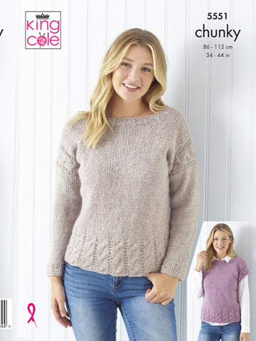 A woman's beige sweater with cabled cuff and shoulder. A woman's cap sleeved top in a muted pink with pale plum undertones with cabled neckline, sleeve edge and bottom of the top.