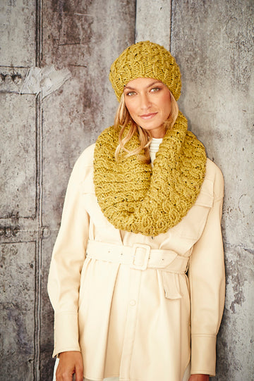 Lime/mustard yellow beret and scarf.