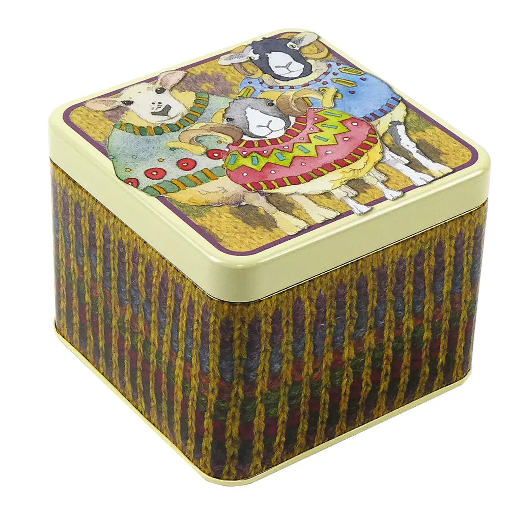 Emma Ball Small Rectangular 10cmx10cm Square Tin with Sheep in Sweaters design