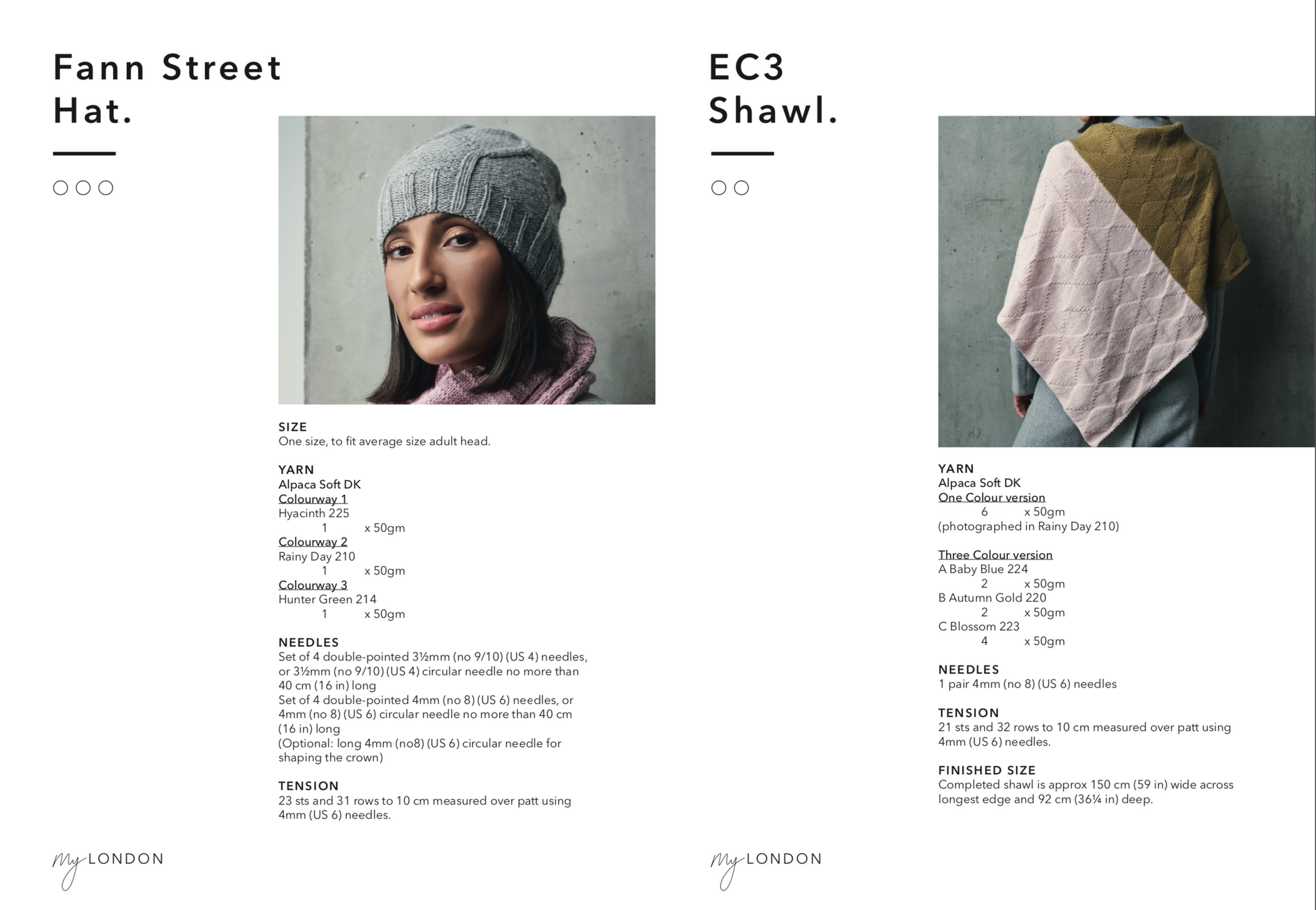 LEFT: Fann Street hat. A light grey hat with line detailing and a ribbed trim.  RIGHT: EC3 shawl. A half and half dusty pink and warm moss shawl with a diagonal pattern.