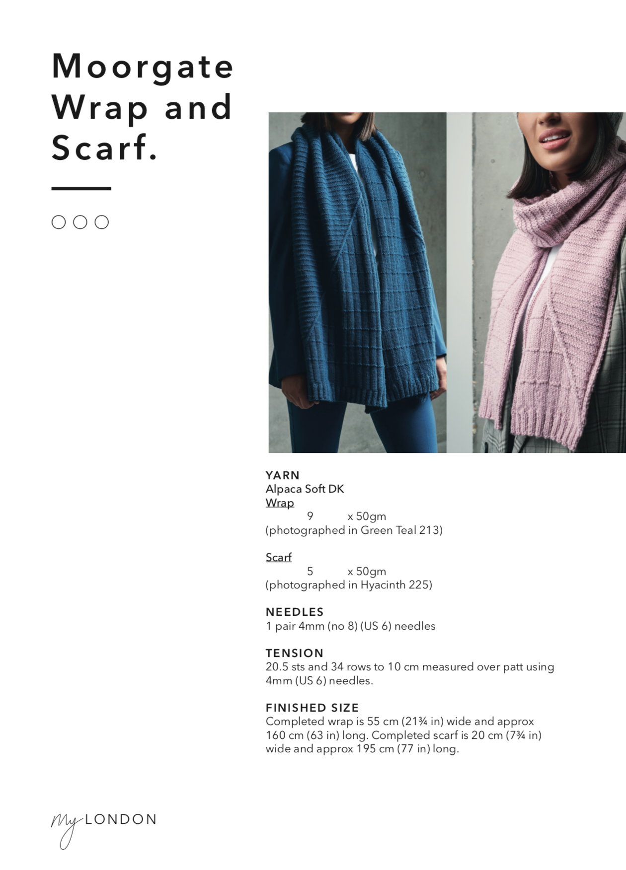 Moorgate wrap and scarf. A dusty pink line and square pattern scarf, approximately 20cm wide x 195cm long. A green teal line and square pattern wrap, approximately 55cm wide x 160cm long.
