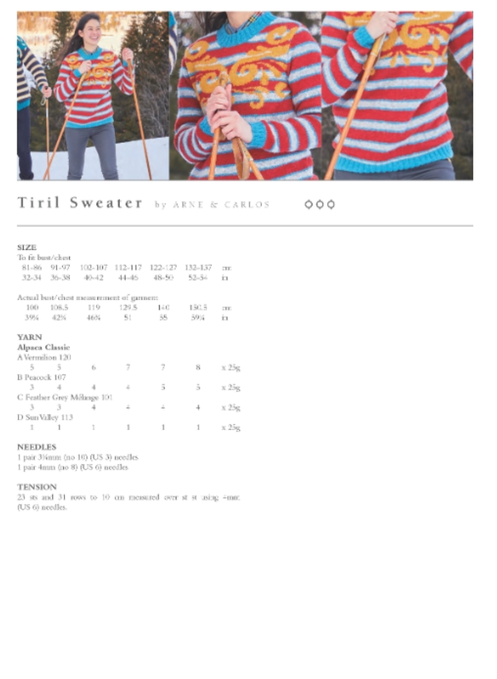 Tiril sweater. A White, red and thin blue striped sweater, with an icy blue trim and cuffs. This sweater has a yellow nordic pattern across the chest.