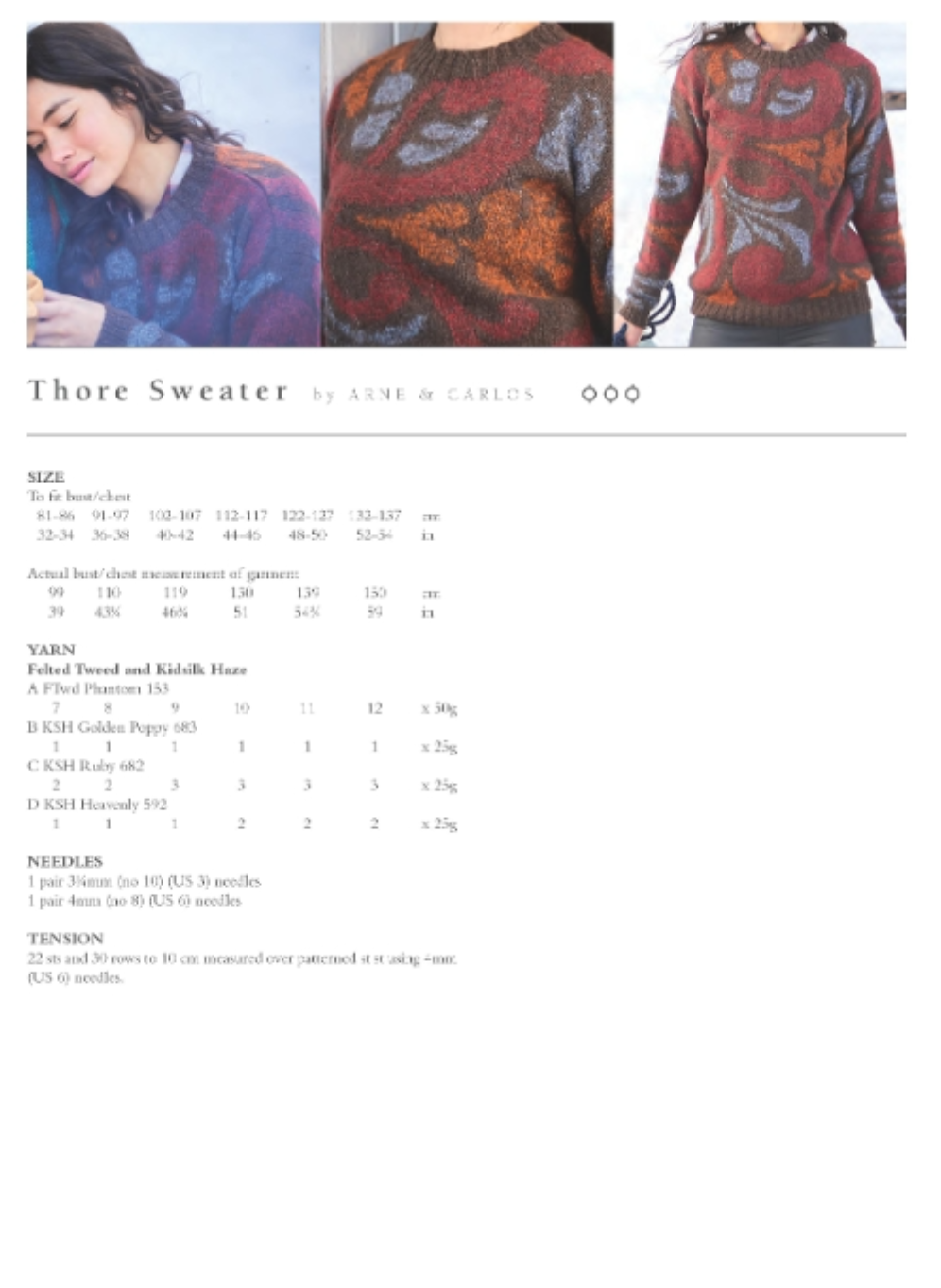 Thore sweater. In both deep purples and blues and also warm oranges, reds and browns. This pattern is for an abstract sweater with nordic designs across the whole sweater.