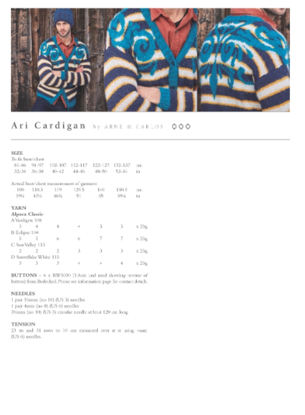 Ari cardigan. A cardigan with white and navy blue stripes with thin yellow lines. Over top, a teal blue nordic swirl pattern over the chest and back. A blue teal trim is on the cuffs and collar of the cardigan.  