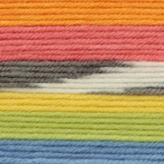 Variegated yarn containing pink, orange, grey, white, yellow, green and blue