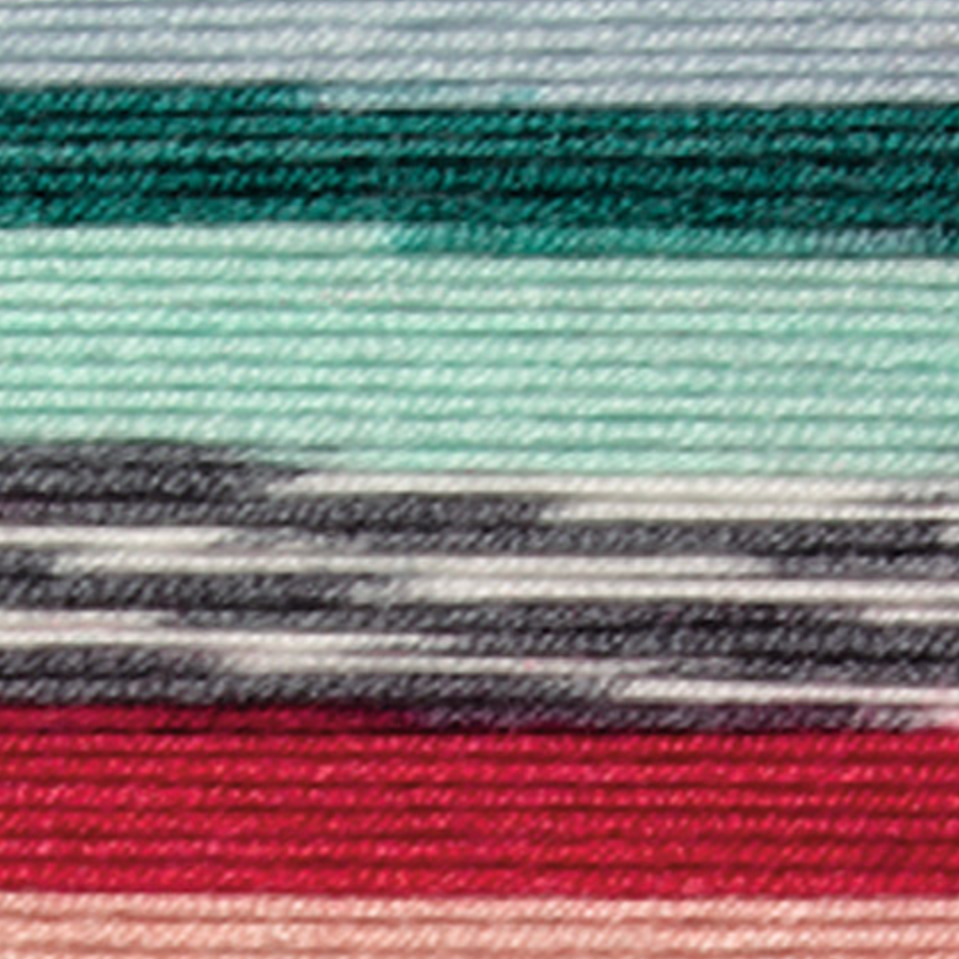 Variegated yarn containing blue, turquoise, grey, white, red and pink