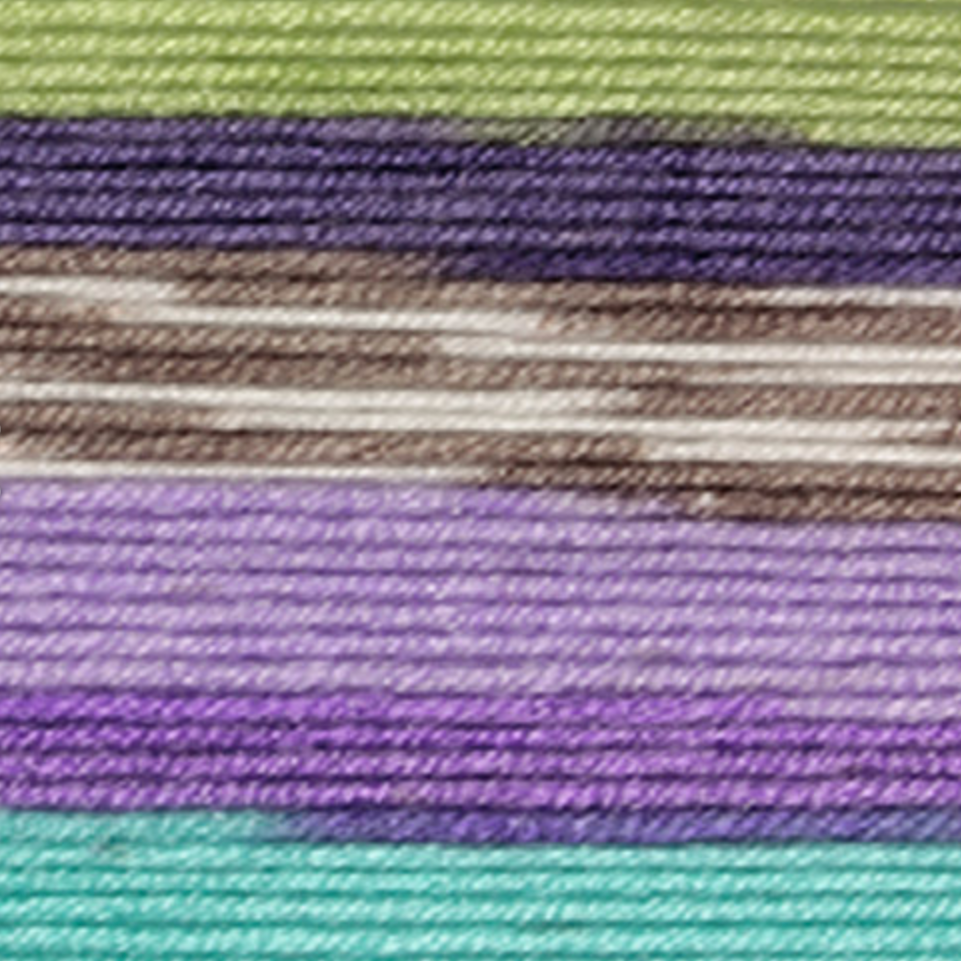 Variegated yarn containing green and blue, purple shades and brown and white