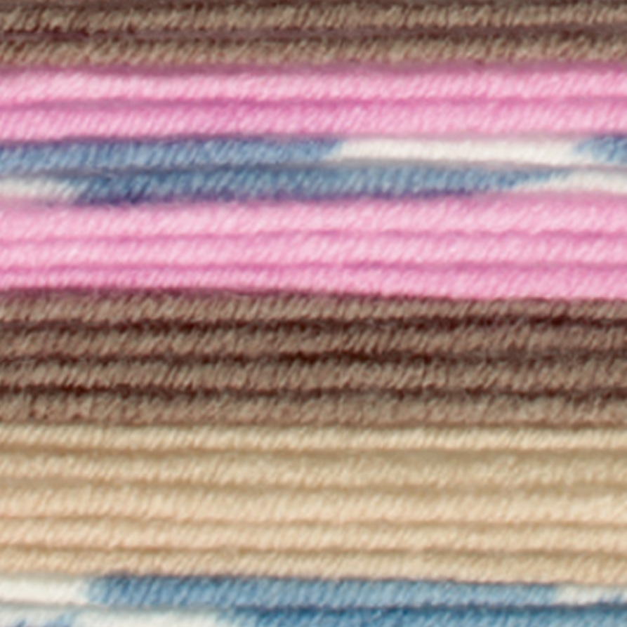 Variegated yarn containing brown, cream, blue, white and pink