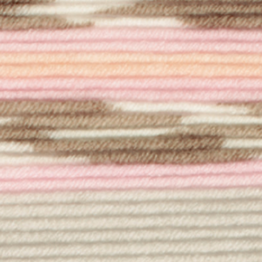 Variegated yarn containing pastel pinks, orange, grey, brown and white