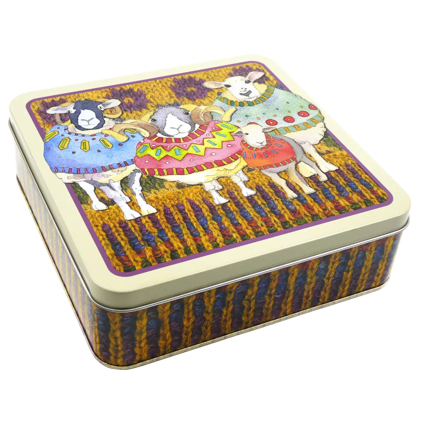 Emma Ball Tin with Sheep in Sweaters design